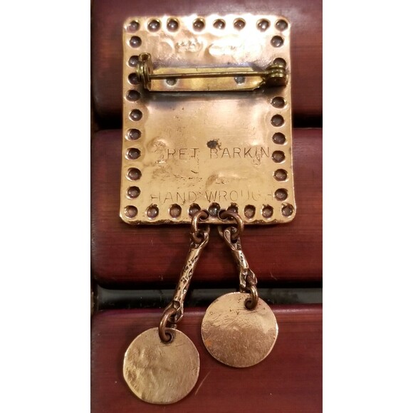Vintage Signed Gret Barkin Hand Wrought Bronze Clock Brooch 1.2"x2.8" - Picture 3 of 3